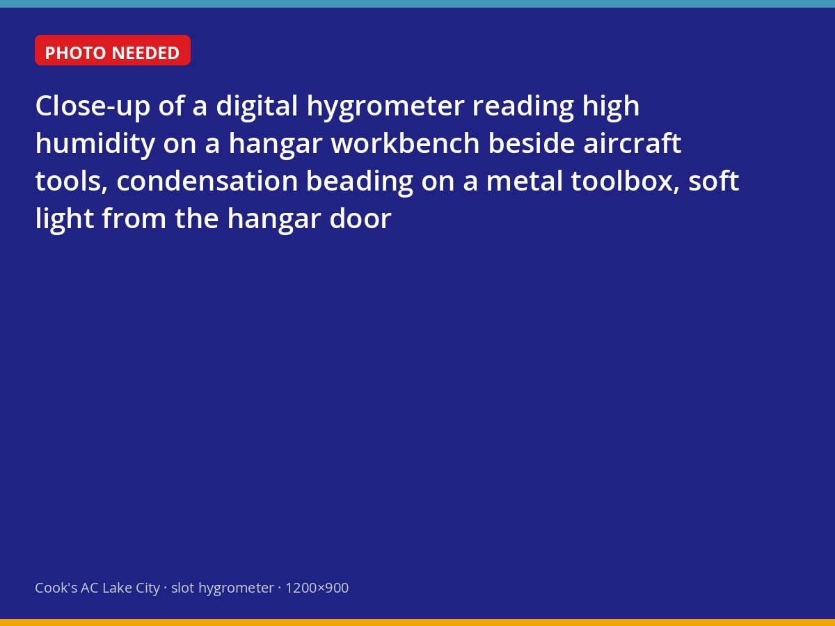 Hygrometer showing high humidity on a workbench inside an airpark hangar