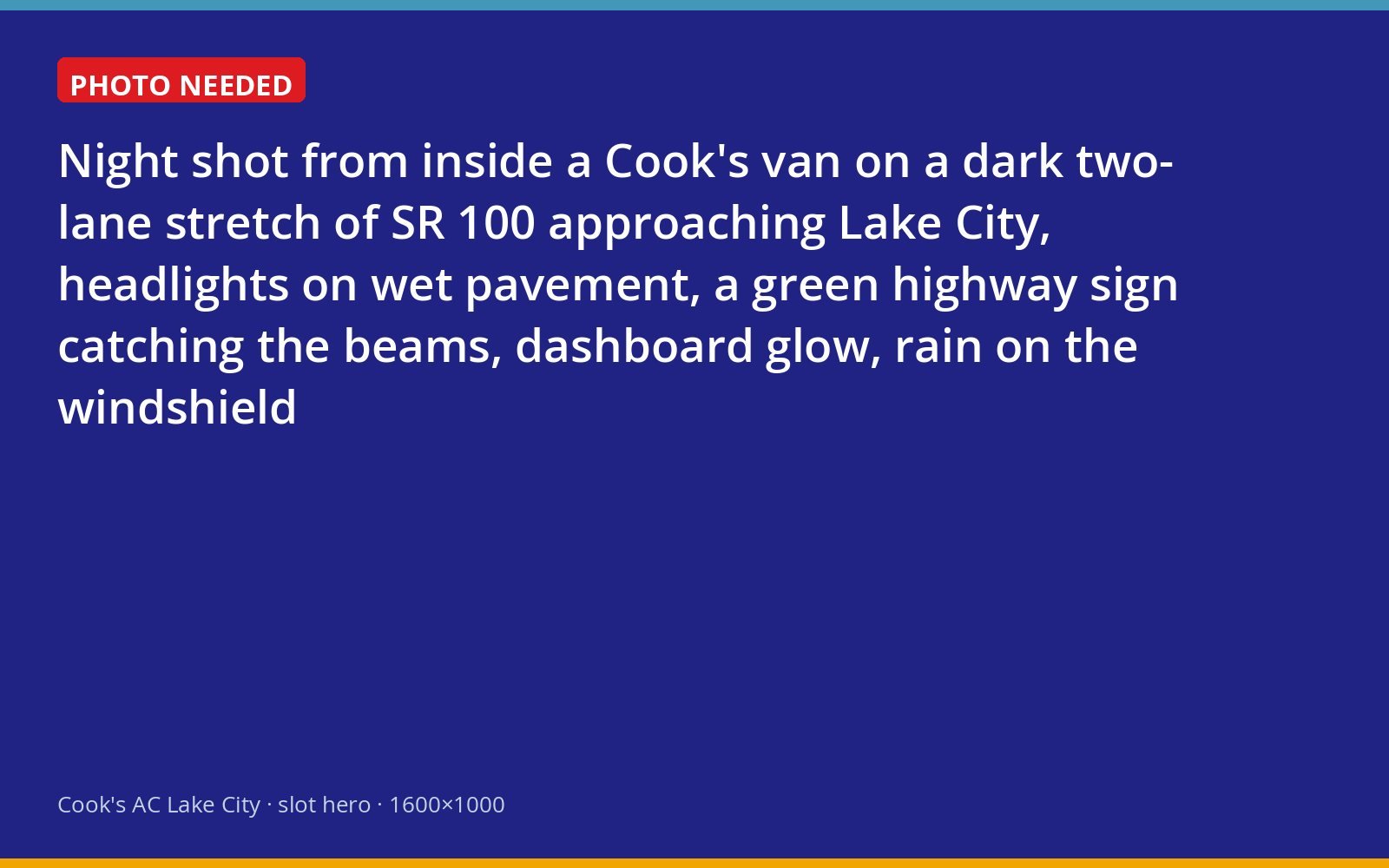 Cook's service van driving a rural Florida highway toward Lake City at night in the rain