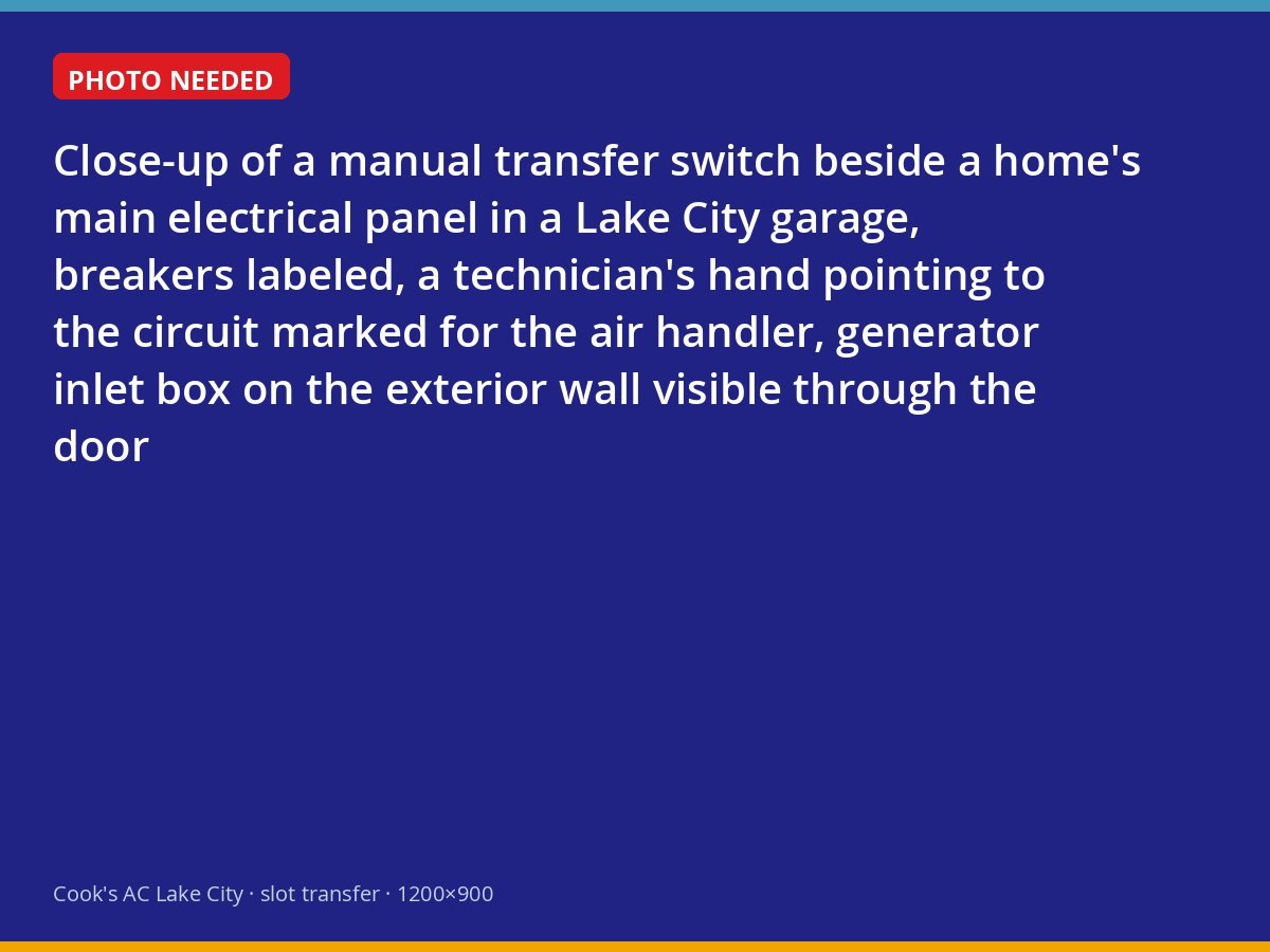 Manual transfer switch with a labeled heat pump circuit in a Lake City garage