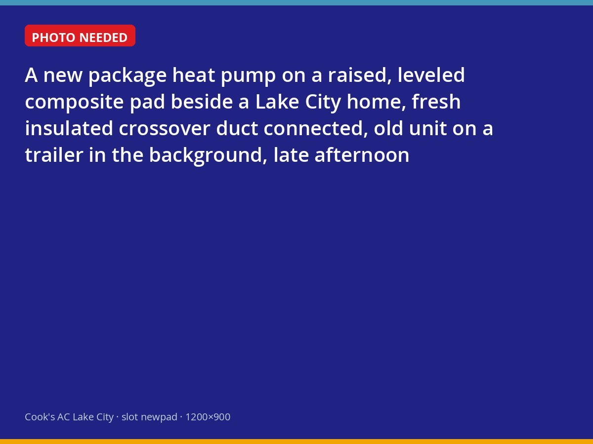 Newly installed package heat pump on a raised pad with the old unit hauled away