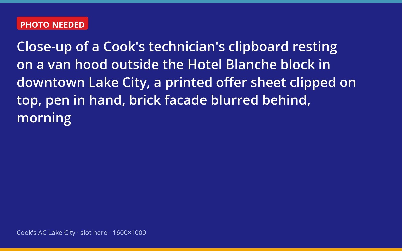 Printed Cook's offer sheet on a clipboard outside the historic downtown blocks of Lake City