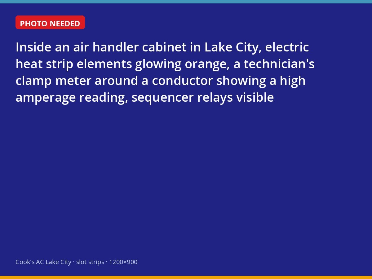 Technician measuring current on glowing electric heat strips inside an air handler
