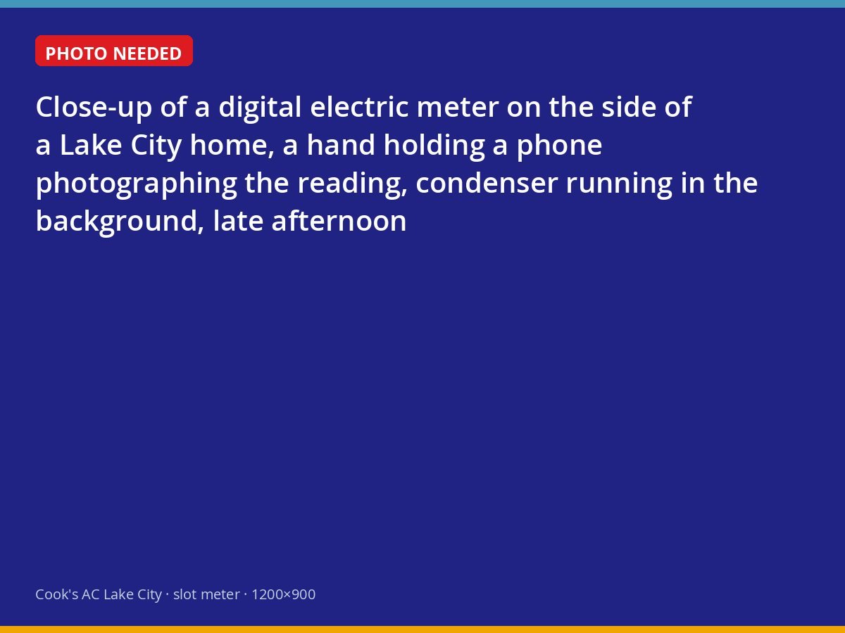 Homeowner photographing the electric meter reading beside a running air conditioner