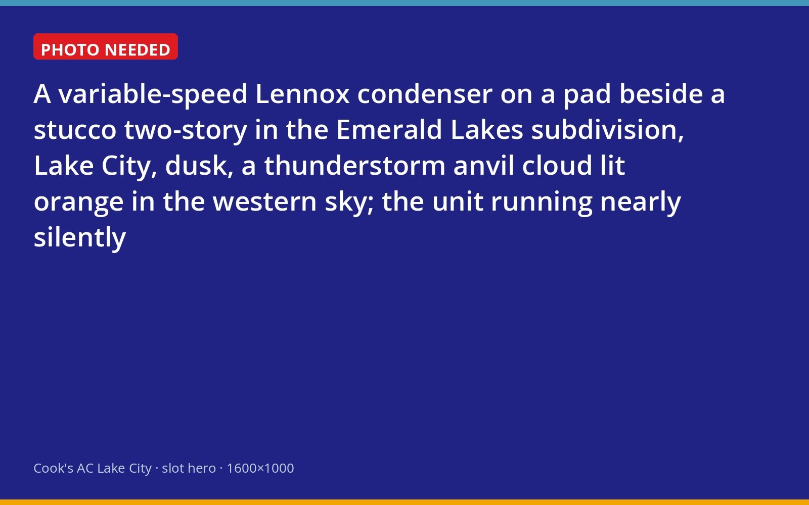 Variable-speed Lennox outdoor unit beside an Emerald Lakes home at dusk with a storm building