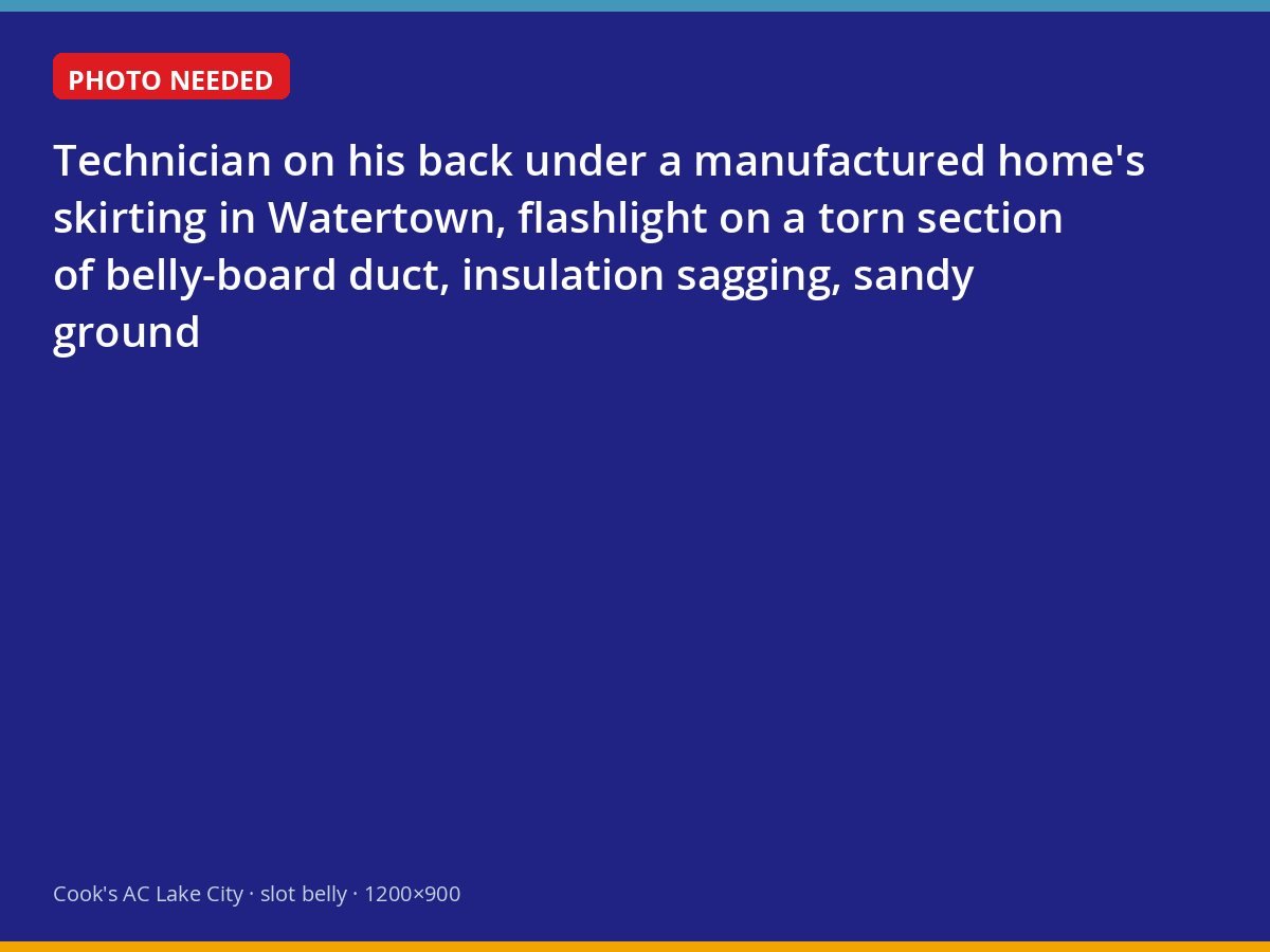 Technician inspecting torn belly-board ductwork under a manufactured home