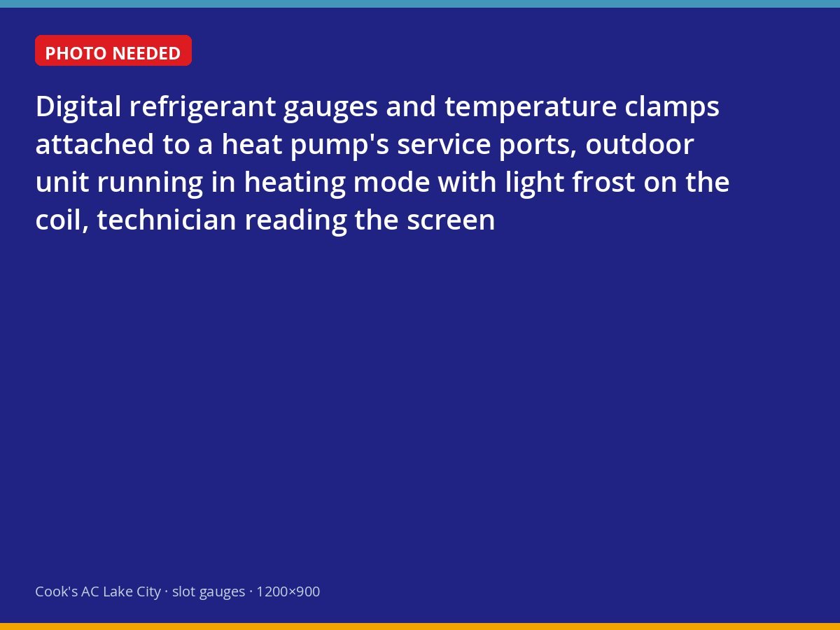 Technician reading refrigerant pressures on a heat pump in heating mode