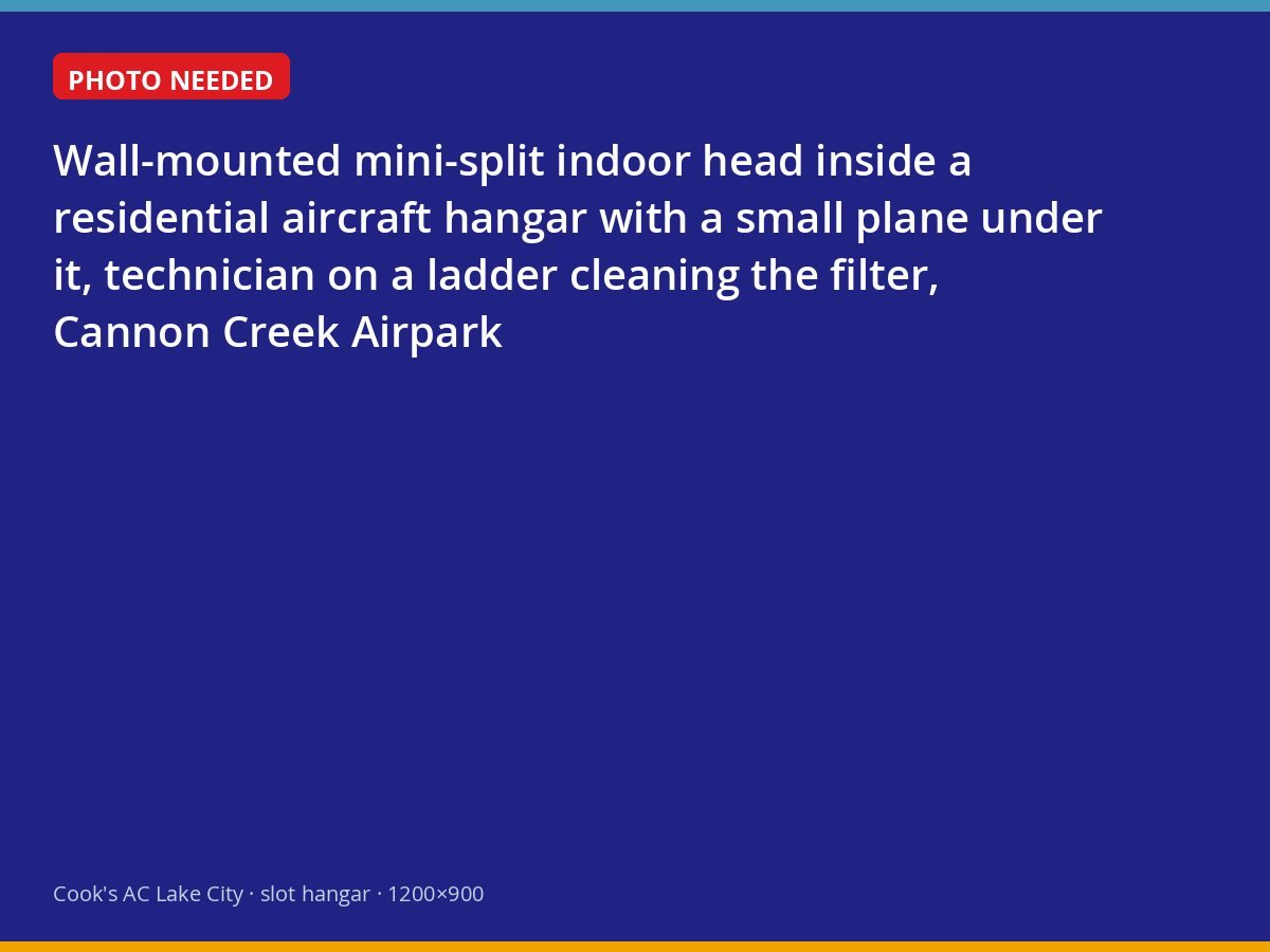 Technician servicing a ductless mini-split heat pump inside a Cannon Creek Airpark hangar