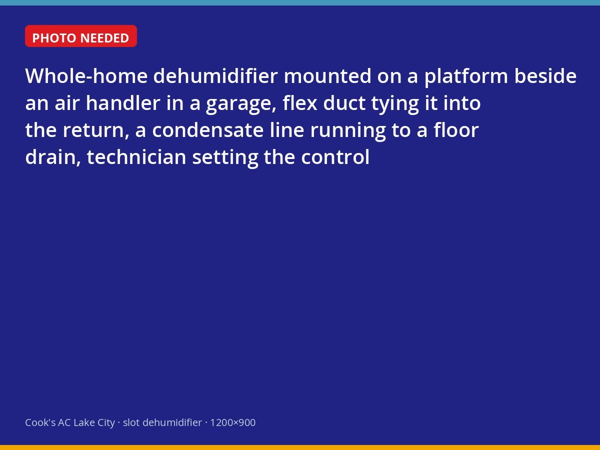 Whole-home dehumidifier installed alongside an air handler in a Lake City garage